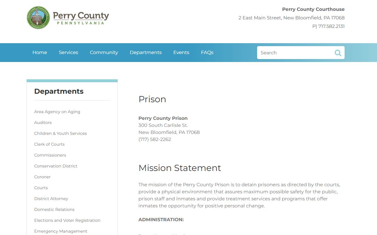 Official Perry County Prison page with contact, visitation, mail, phone, money, and commissary sections